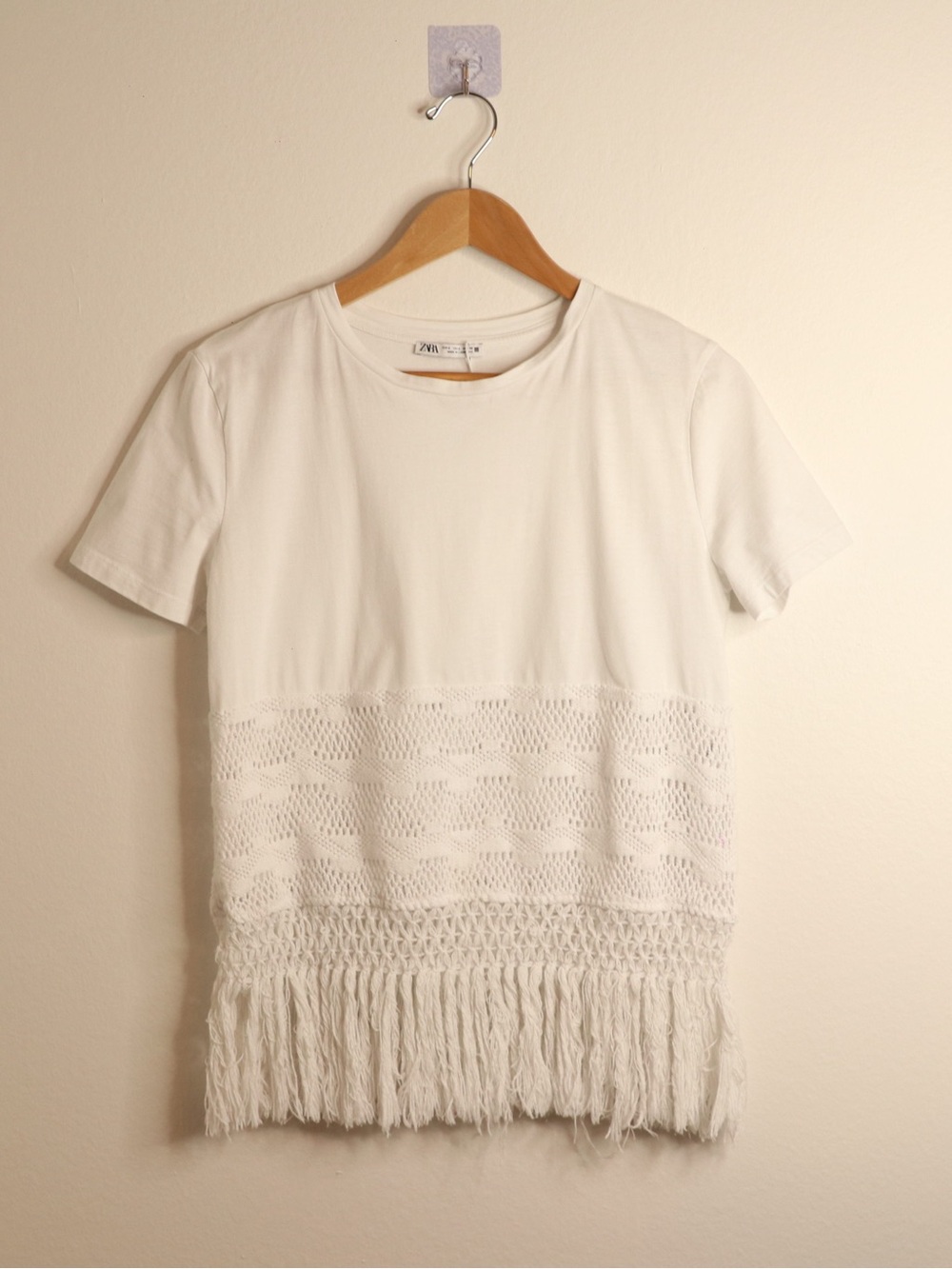 Zara White Crochet Fringe Short Sleeve Boho Top S